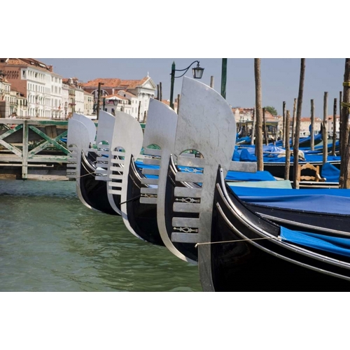 Italy, Venice Prows of a row of gondolas